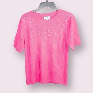 CeCe Small S Hot Pink Soft Cozy Knit Short Sleeve Faux Pearl‎ Pullover Sweater